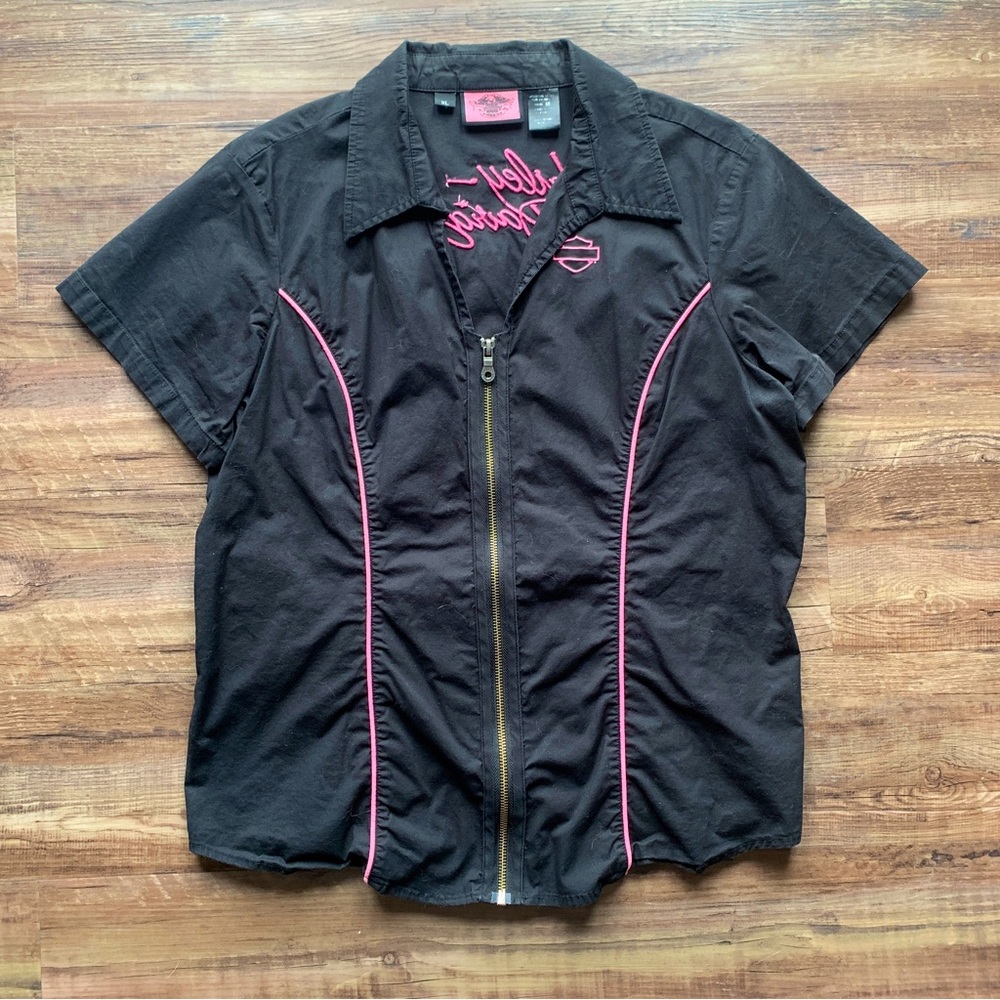 Harley Davidson Women’s Collared Elemental Zip Black & Pink Shirt Size XL